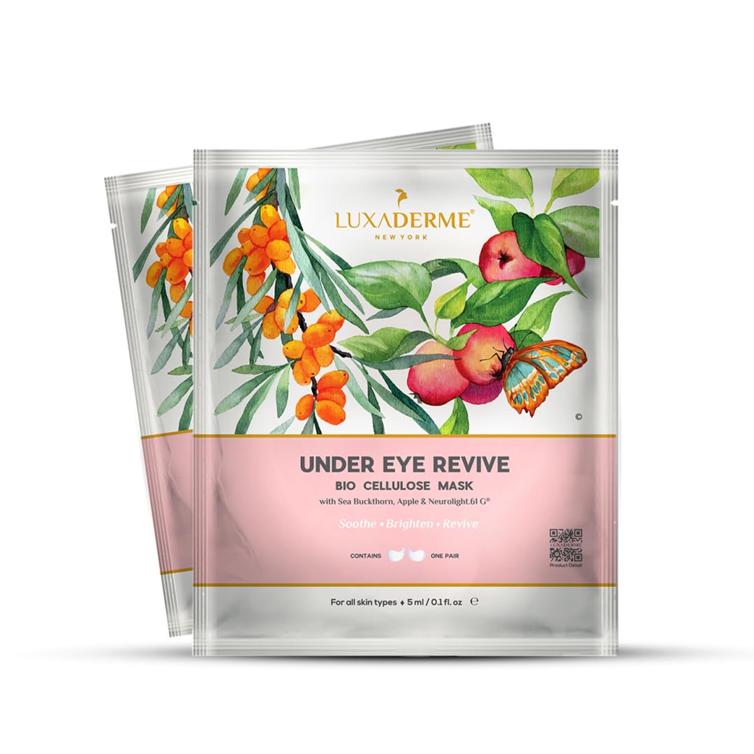 LuxaDerme Under Eye Revive - Bio Cellulose Serum Sheet Mask. Brightens & Depuff Under-Eye Dark Circles With Antioxidants Like Green Tea, All Skin Types. 100% Fermented Coconut Jelly. (Pack Of 2)
