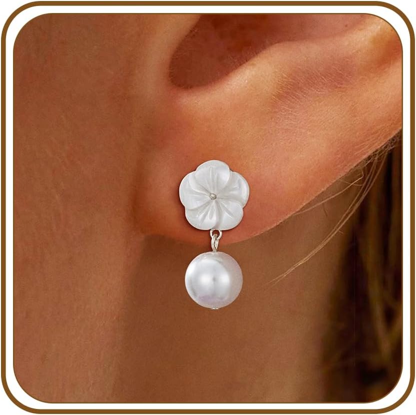 Lunvky Dangle Pearl Drop Earrings for Women Trendy 14K Gold Silver Plated Dainty Flower Pearls Stud Brides Wedding Statement Earrings Long CZ Sparkly Cute Prom Jewelry Gift