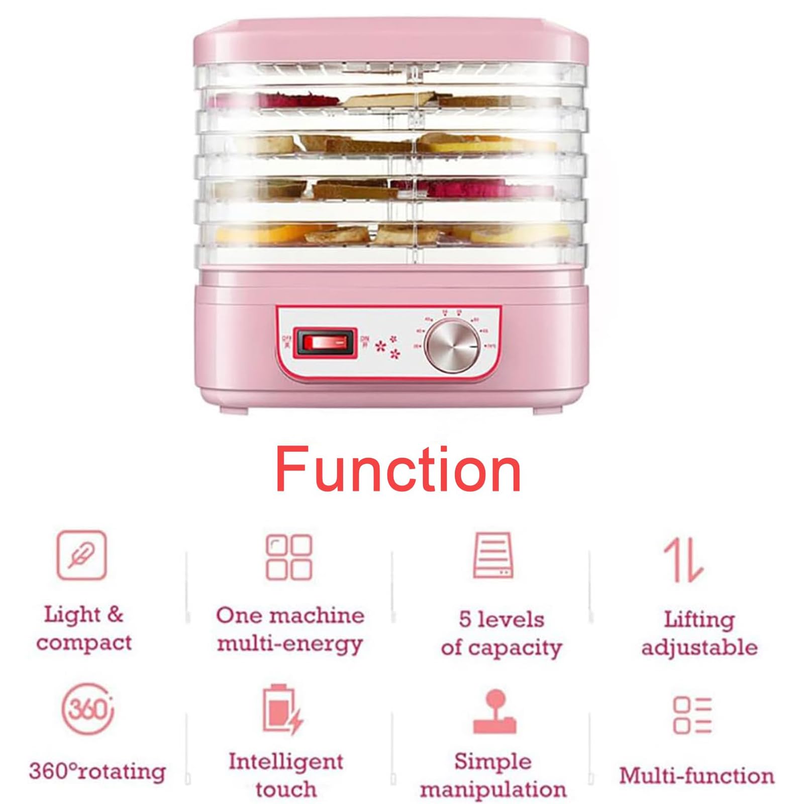 Deshidratador de alimentos de 5 bandejas, máquina secadora por congelación pequeña eléctrica de frutas con control de temperatura de 35-70 °C, ventilación de 360 °, secador de aire para bocadillos p