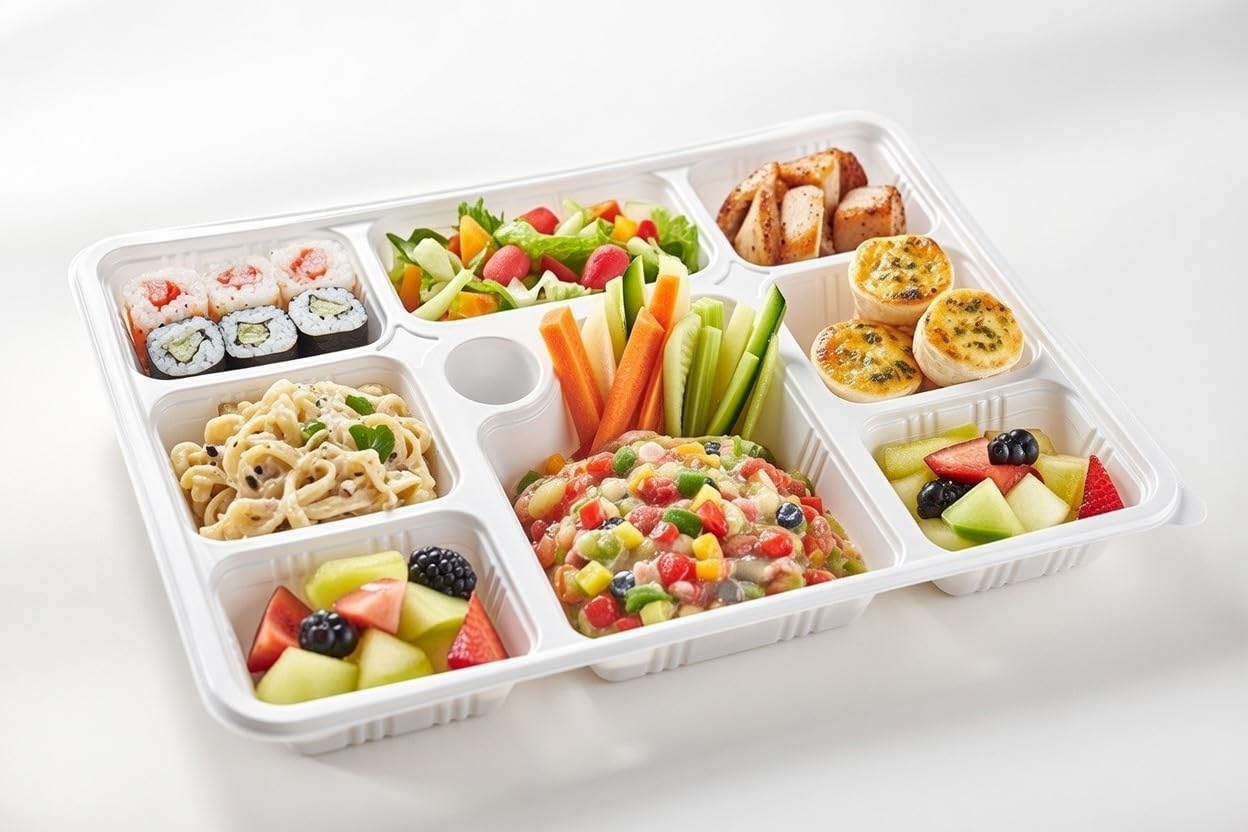 ASK WHOLESALE 9-Compartment Disposable Plates, Dinner TRAYs/Thali To Go Containers, Made from Corn starch, Divided, Pack of 40, Leak Proof Namaste Plates