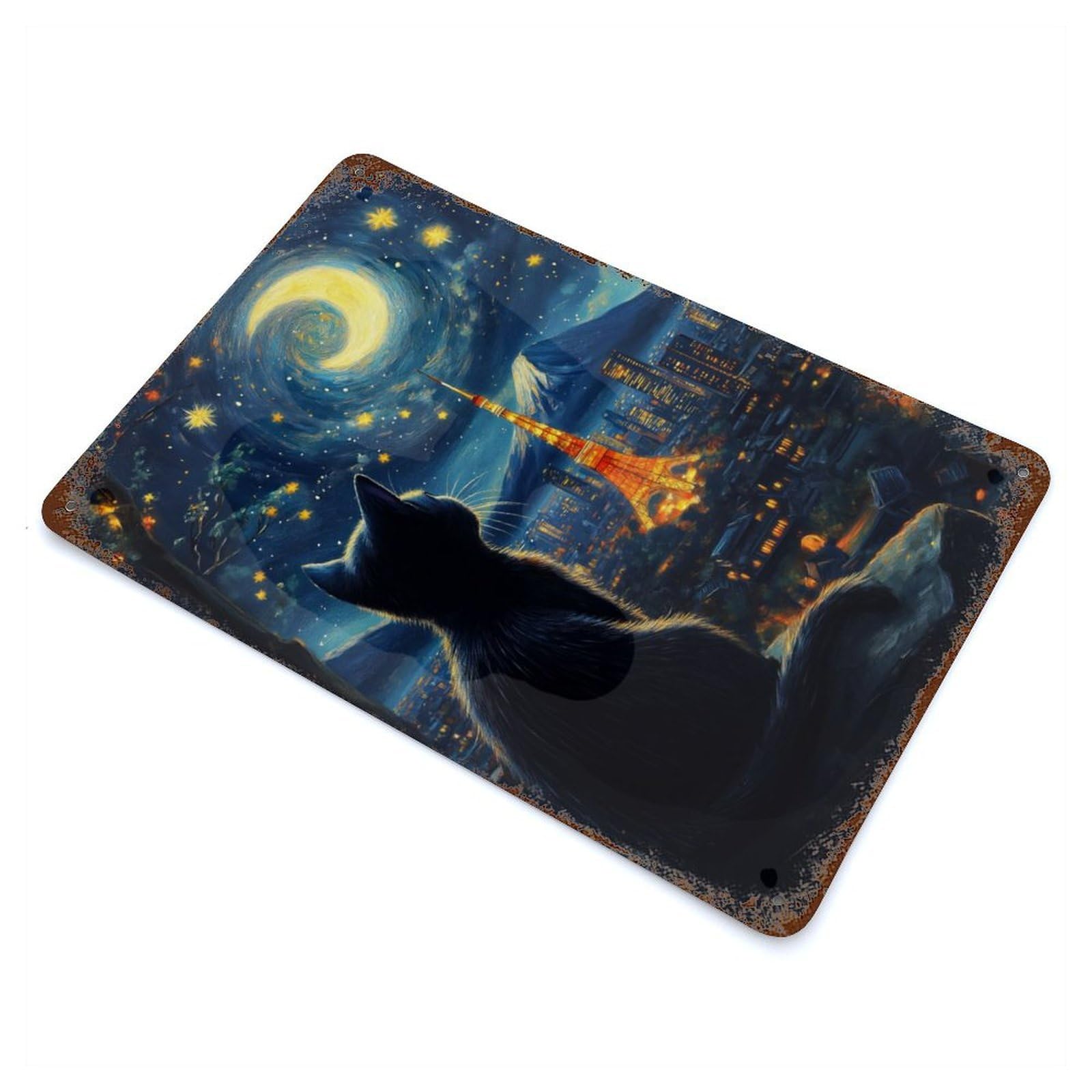 Cat Dreaming Tokyo Starry Night Decorative Tin Sign 11.8"x7.9", Ideal for Basement, Hobby Room And Garage Decor