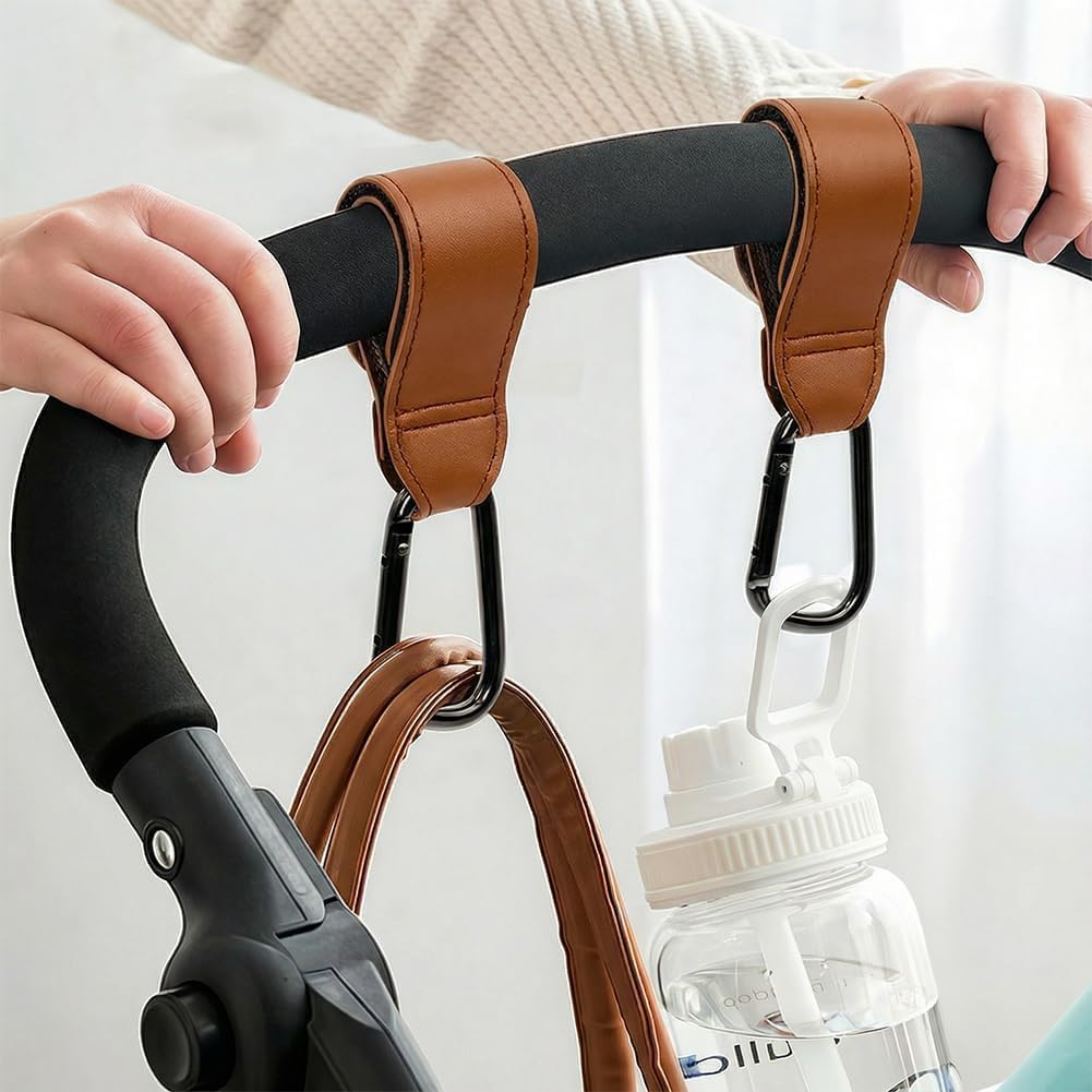 2 Pcs Baby Stroller Hooks, Bag Hooks for Hanging Diaper Bags, Multipurpose Hooks for Grocery Shopping Bags,Premium Vegan Leather Pram Straps (Black) - 5