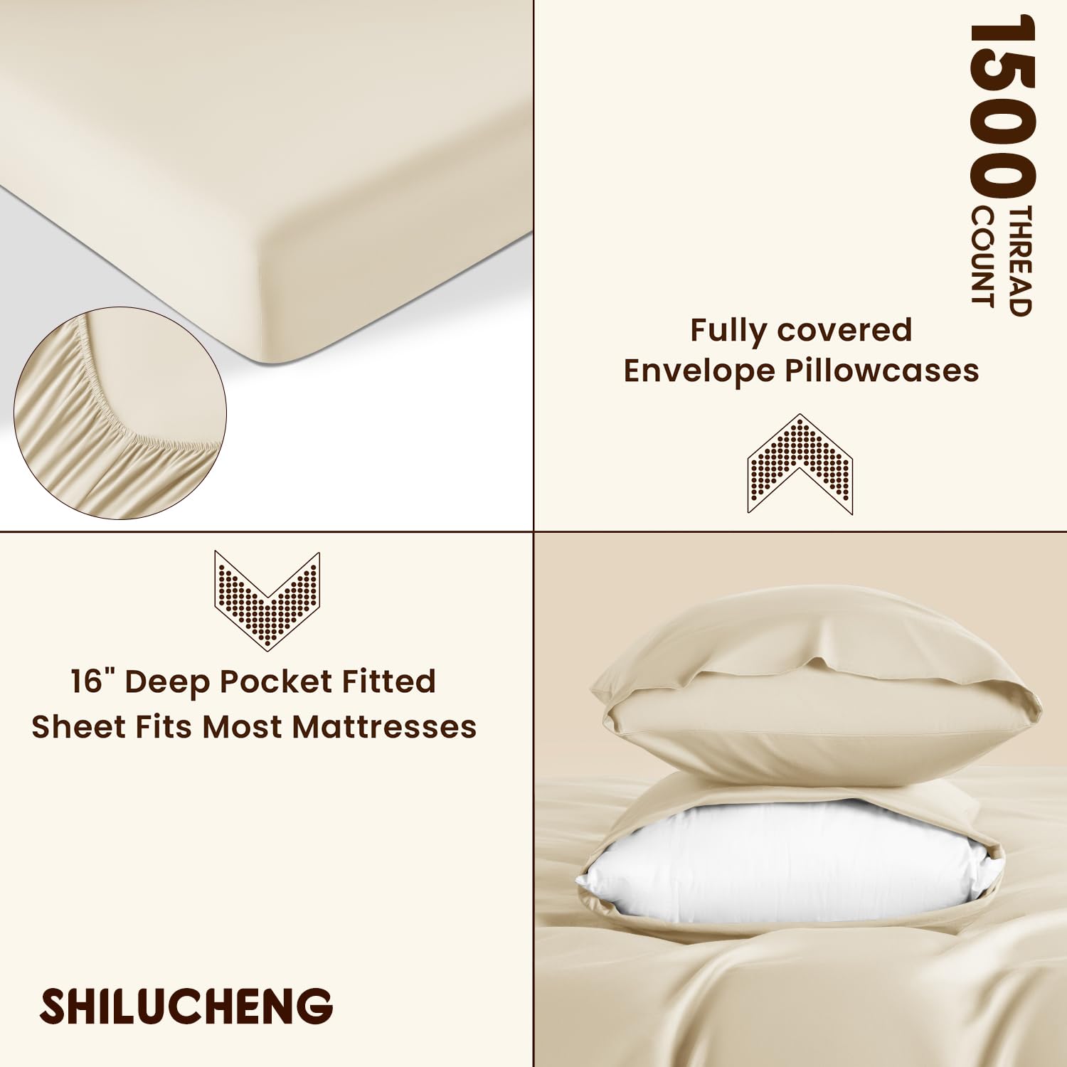 Shilucheng 100% Cotton Queen Size Sheets Set - 1500 Thread Count,Luxury Egyptian Cotton Bed Sheets,5-Star Hotel Quality Sheets, Breathable & Cooling, 16 Inch Deep Pocket - 4 Piece (Beige)