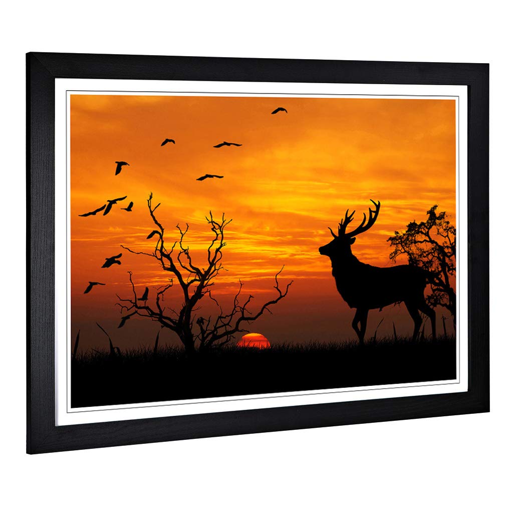 Big Box Art Framed Print of Sunset Stag and Birds Landscape Design | Wall Art Picture | Home Decor for Kitchen, Living Room, Bedroom, Hallway, Black, A2 / 24.5x18 Inch / 62x45cm
