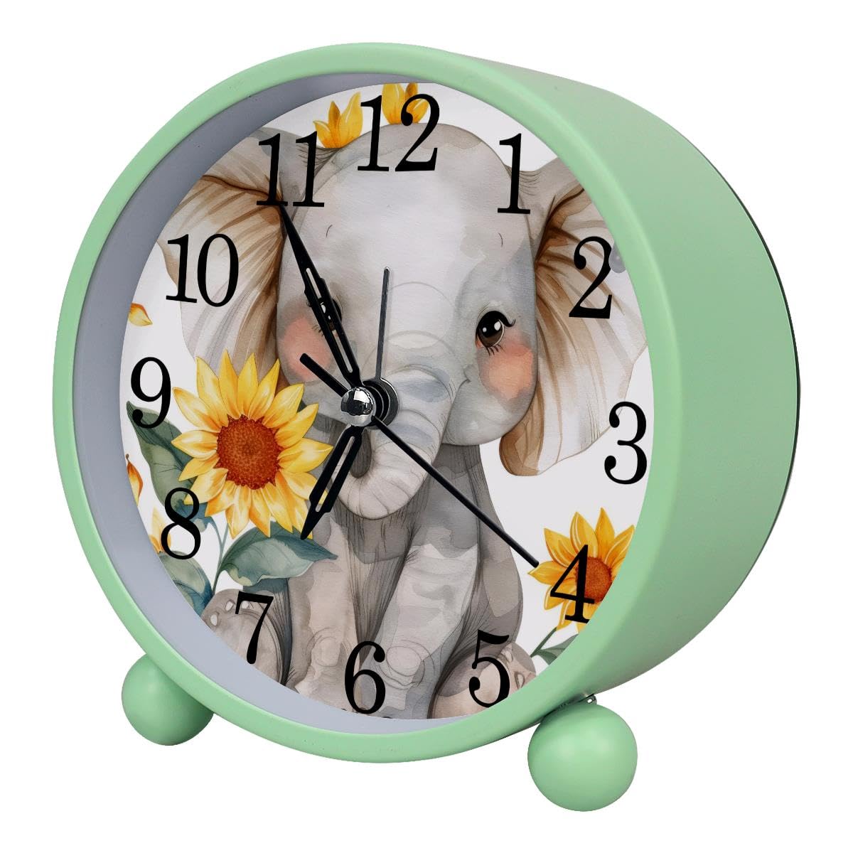 Alarm Clock Elephant Sunflowers, Silent Non-Ticking with Night Light