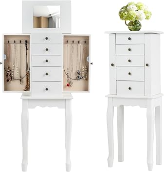 LDAILY Moccha Standing Jewelry Armoire Cabinet, Wooden Jewelry Storage Chest Box with Flip Up Mirror, 2 Side Doors with 8 Necklace Hooks, 4 Drawers, Jewelry Storage Organizer for Girls Women White