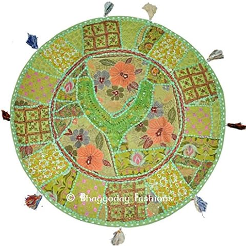 Indian Patchwork Ottaman Cover, Home Decorative Pouf Cover, Handmade Patchwork Foot Stool Floor Cushion Cover Living Room Pouffe Cover Embroidered Cotton Pillow Cover, Round Pouf, Vintage Chair Cover Ethnic Decor Art, 18 Inch. By Bhagyoday Cover