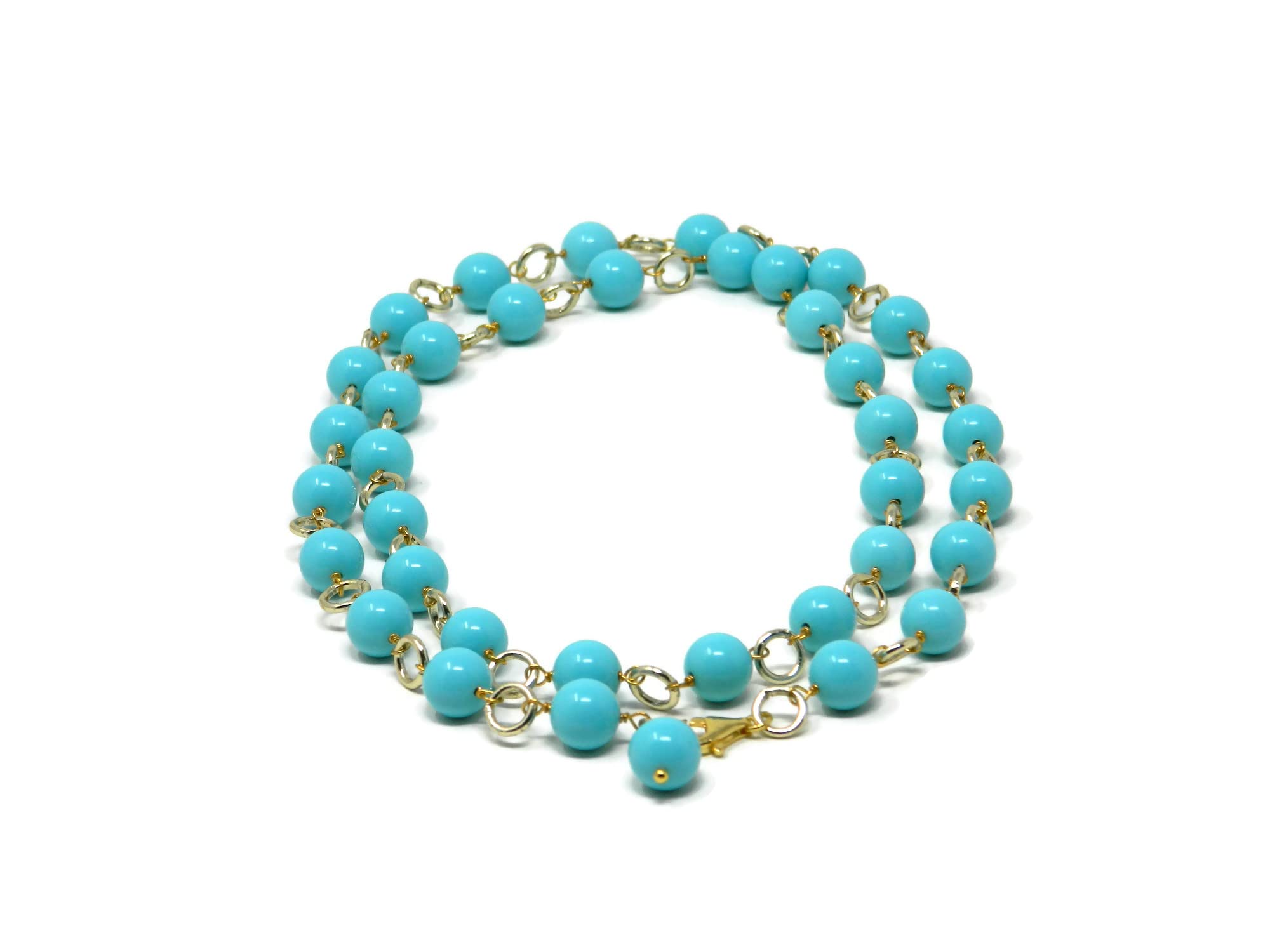 Collana Lunga Donna con Anellini Dorati e Palline in Pasta di Turchese – Handmade in Italia – Argento 925 – Nickel Free – 89 cm - DodiGioielli