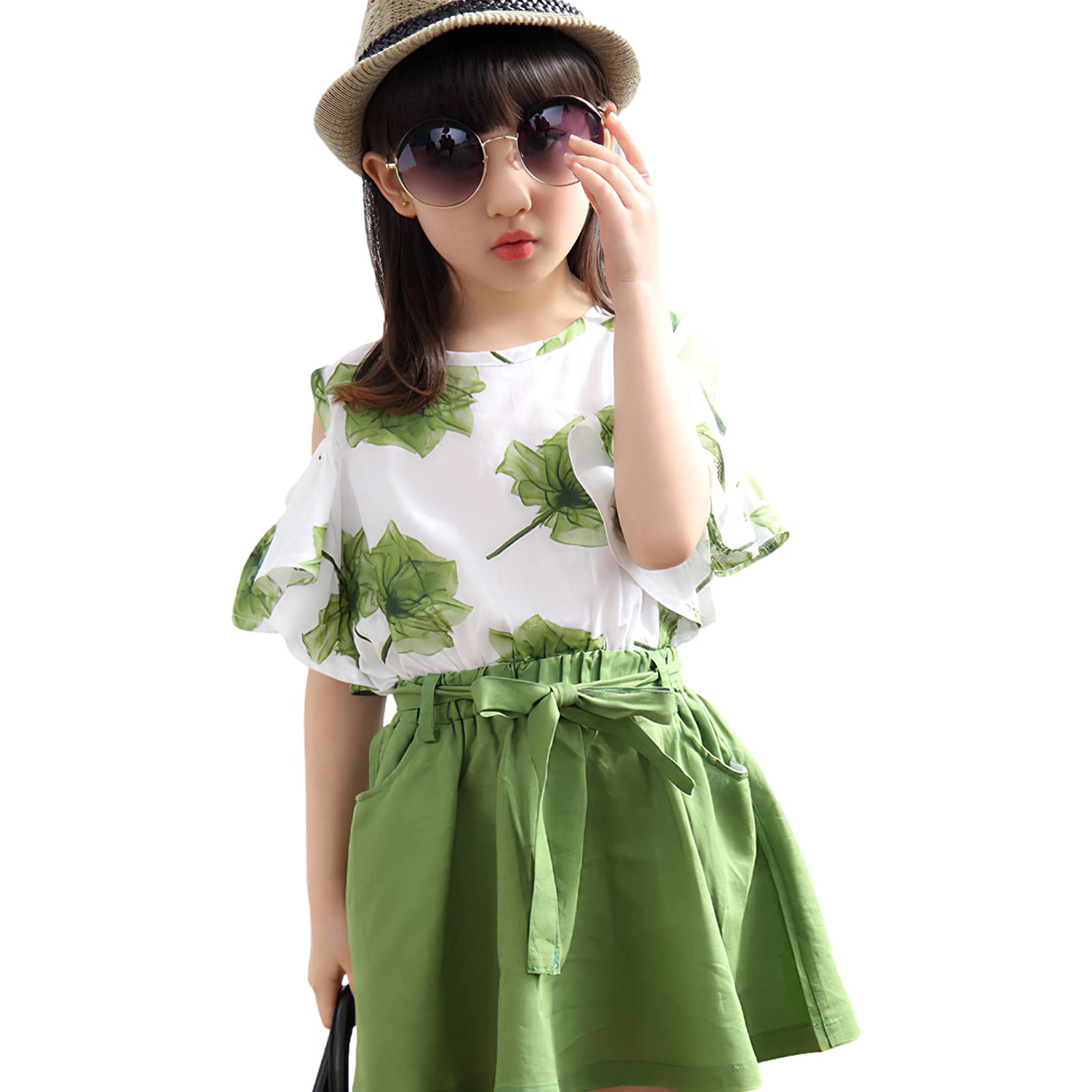 amropi Fille D'été Vêtements Set À Fleurs Tops Manches ébouriffer + Mini Jupes 2 Pièces Ensemble 3-12 Ans