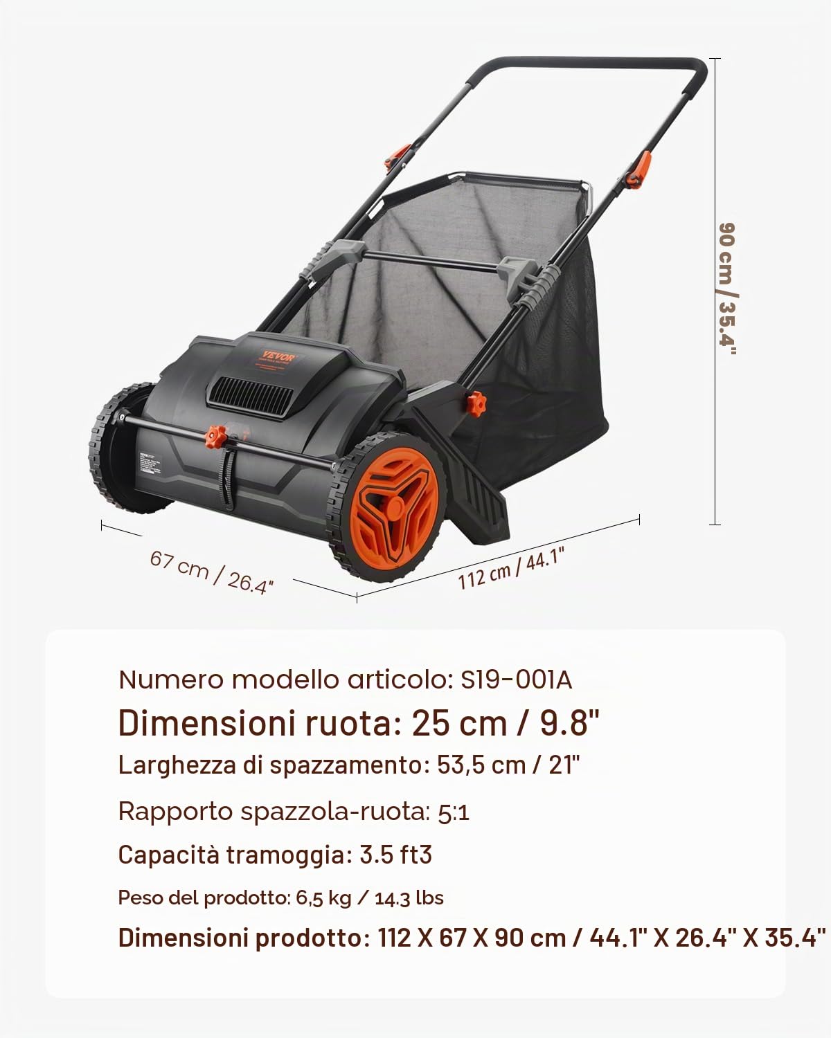 VEVOR Rasaerba Manuale per Prato con Cesto Capienza 99L Arieggiatore per Prato Manuale Sacco di Raccolta Larghezza Taglio 53,5cm, Rasaerba Spazzola Rotante Altezza Regolabile per Prato da Giardino