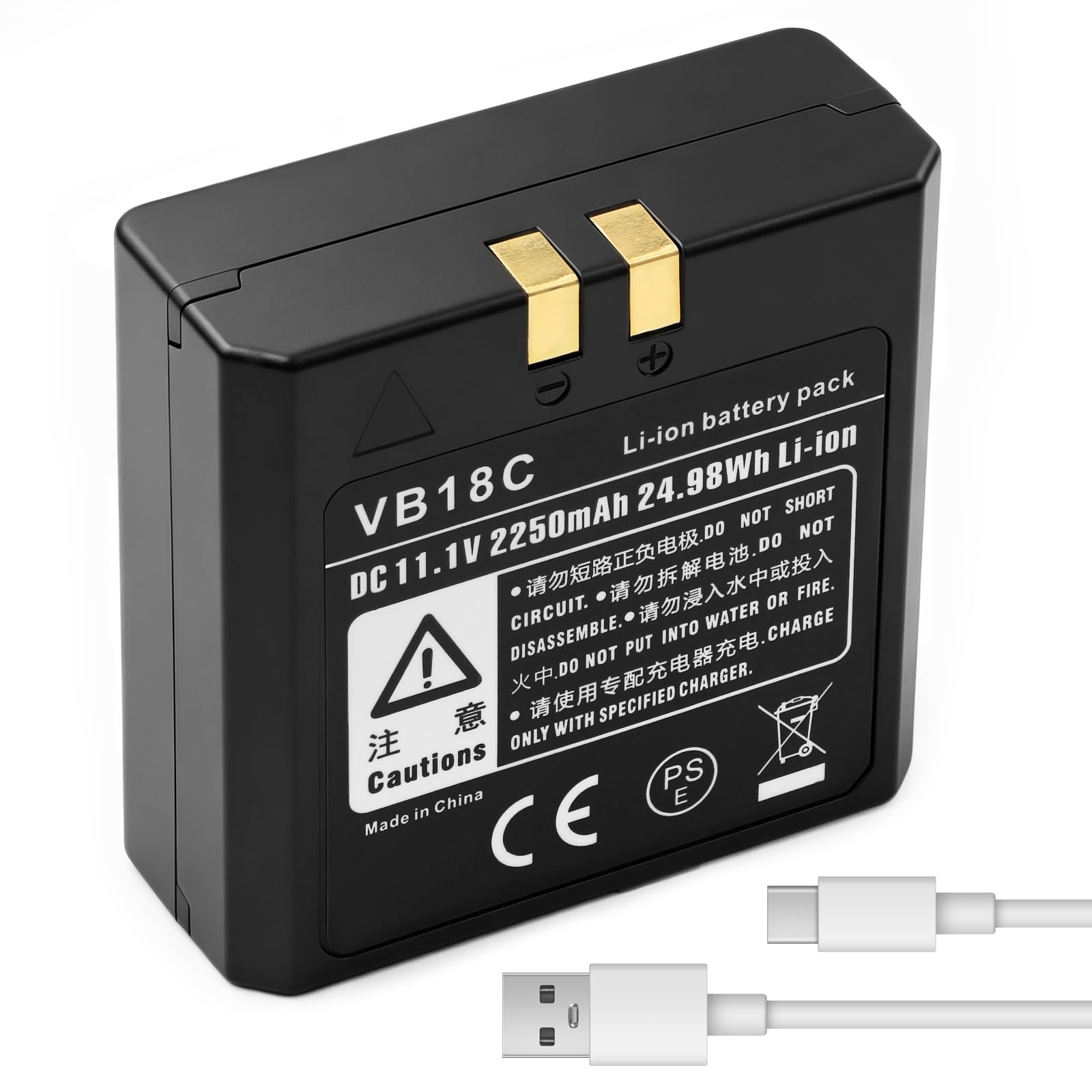 K KYUER VB18 Flash Batterie pour Godox V850 V860 V850II V860II Series, 2250mAh Batterie Compatible avec V860II-N V860II-C V860II-S V860II-F V860II-O, Neewer TT850, TT860 Speedlite Flash, Type-C Cable