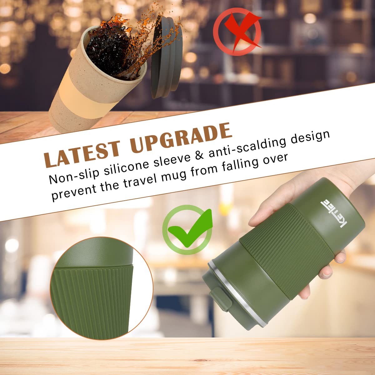 Travel Mugs,KETIEE 510ml Insulated Coffee Cup with Leakproof Lid,Reusable Coffee Cups Travel Cup,Coffee Travel Mug,Double Walled Coffee Mug,Stainless Steel thermaol Mug for Hot Cold Drinks,Olive Drab - Image 3