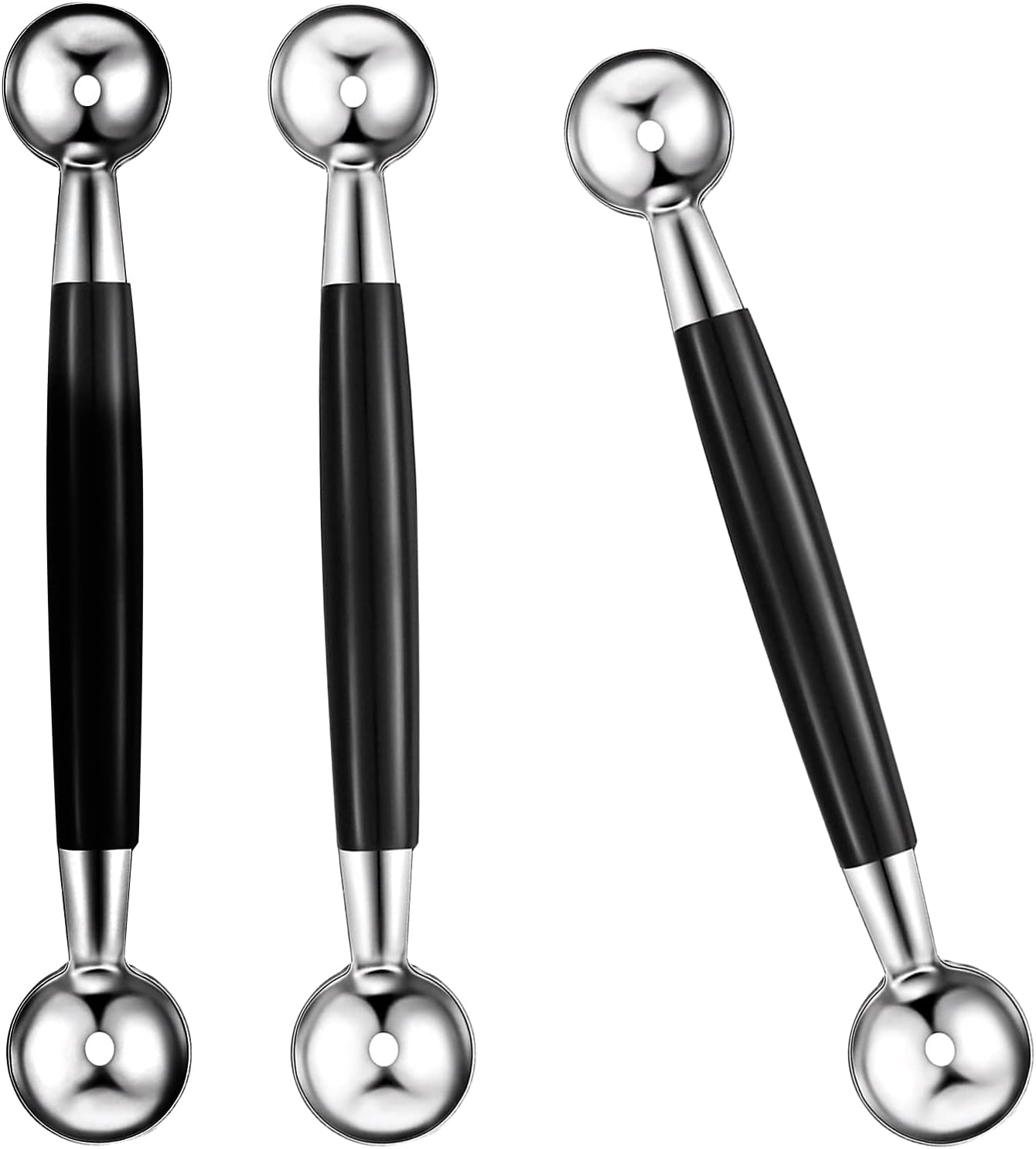 3 PCS Double Sided Melon Baller, Round Melon Ball Fruit Ballers Scoop Stainless Steel Melons Baller Scoop Melons Scoop Double Scoops Ice Cream Cone Double Dessert Scoop for Fruit Ice Cream