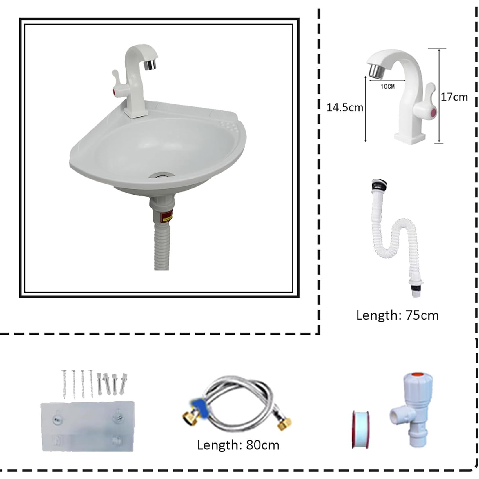 Lavandini Bagno Montaggio Parete Lavandini Angolari Triangolare Senza Foratura Mini Lavabo Plastica da Bagno Con Rubinetto E Accessori Di Scarico,lavello per bagno,Camper, Barca,Wc