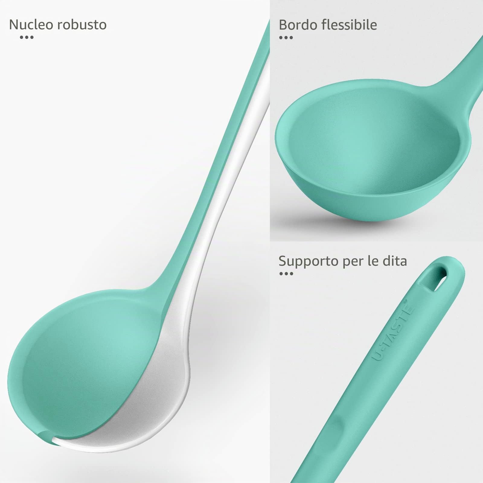 Mestolo da zuppa in silicone da 34cm: U-Taste 315℃ resistente al calore, antiaderente, gomma senza cuciture, cucchiaio da cucina grande con manico lungo e solido antiscivolo (Aqua Sky)