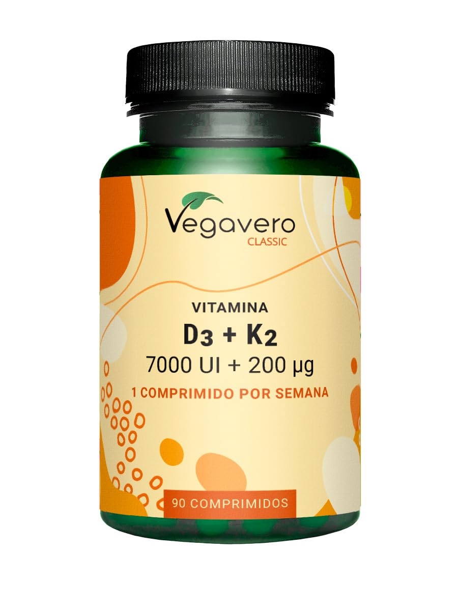 Vegavero Vitamina D3 y K2 + Calcio | PARA 20 MESES | Alta Dosis 7000 UI + 200 mcg All-Trans MK-7 | Sistema Inmune, Huesos y Músculos | Testado en Alemania | 90 Comprimidos | Sin Aditivos y Vegano