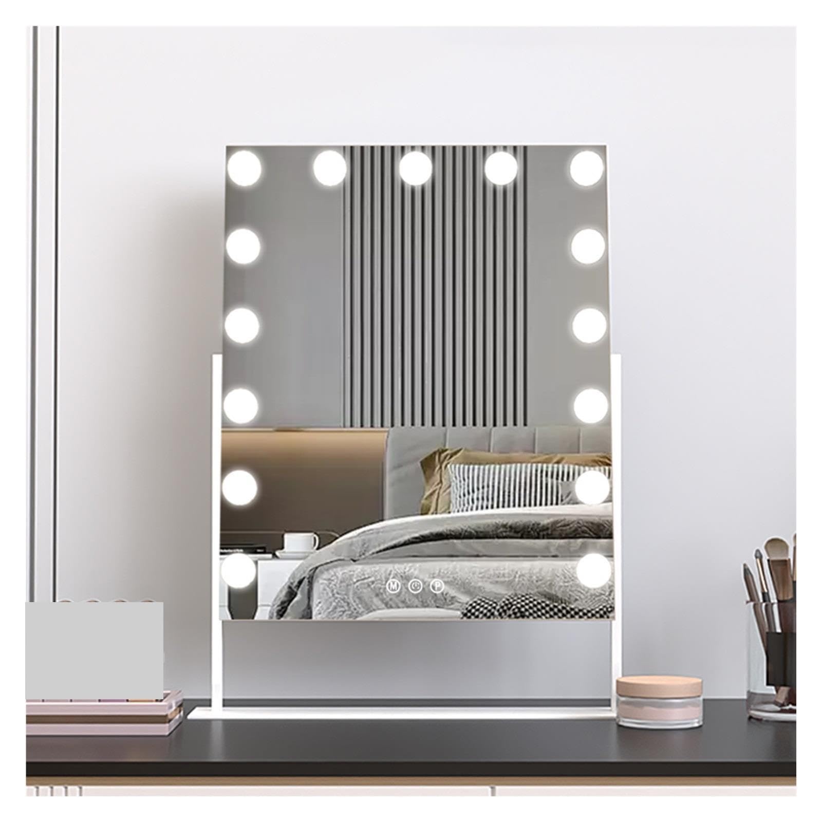 Specchio Da Trucco Intelligente Con Lampadine LED Dimmerabili, Specchio Illuminato Con Luce A 3 Colori, Per Toletta Scrivania Bagno, Specchio Hollywood Con Rotazione A 360°(White,40x50cm/15.7x19.7in)