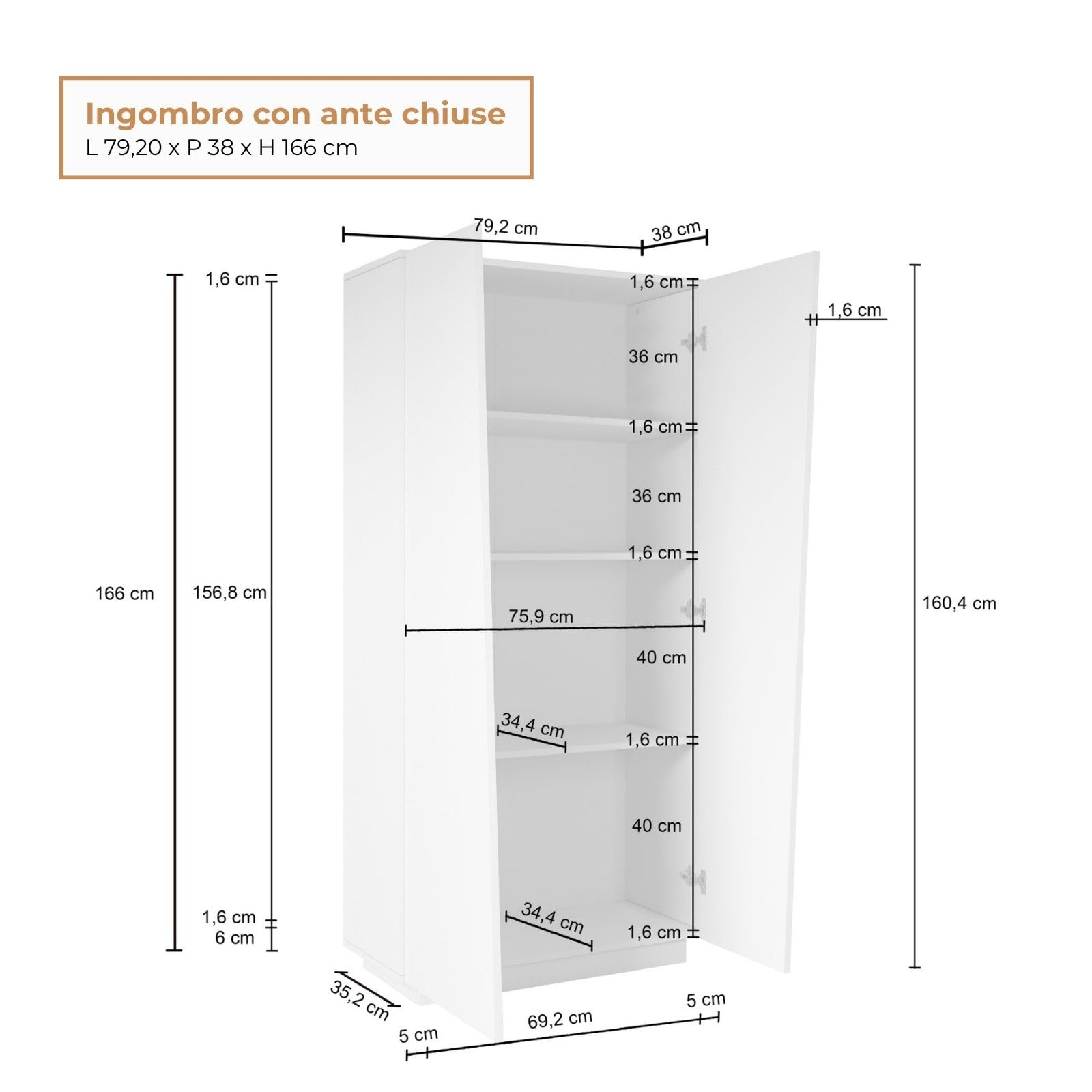 WHOUS Armadio Multiuso EASY per Ufficio, Studio o Camera con 2 Ante e 4 Vani, 79,20x38x166 cm, Bianco Lucido