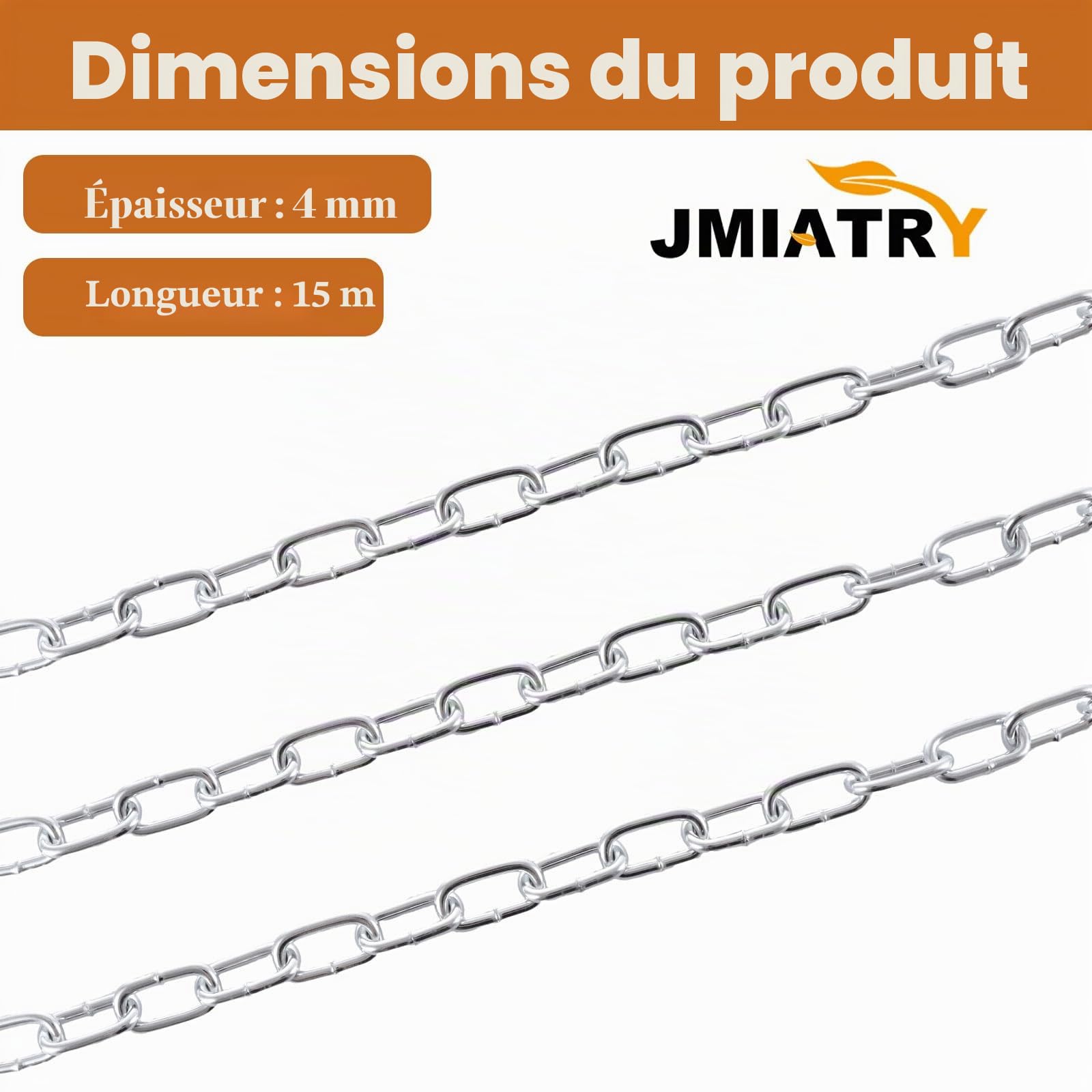 JMIATRY Chaîne en acier inoxydable 304 de 15 m de long, maillons de chaîne robustes de 4 mm, chaînes à maillons soudés en acier galvanisé pour portail de clôture, portes de garage, chaînes balançoires