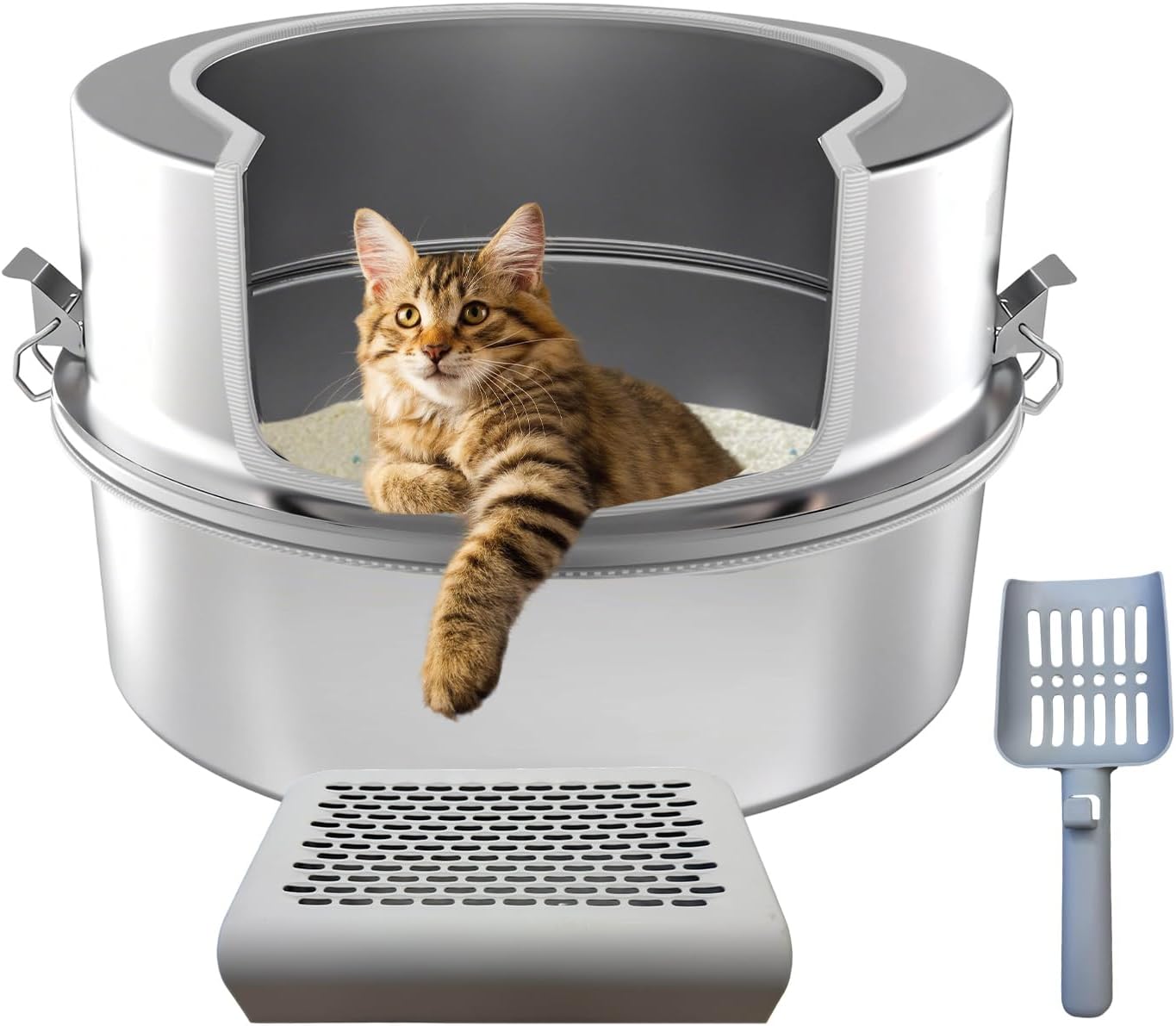 High Sided Low Entry Stainless Steel Round Cat Litter Box, Large Corner Litter Box for Big/Multi Cats,Metal Litter Box Includes Scoop & Filter Pedal,Odor Control，Easy to Clean