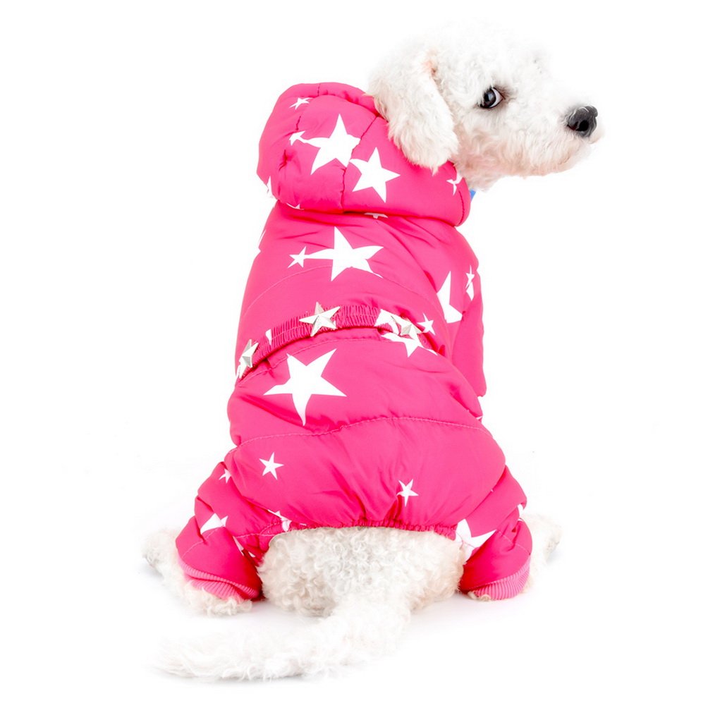 SELMAI Snowsuit for Small Dogs Fleece Lined Star Belt Hooded Jumpsuit Four-Legs Pants Winter Coats Puppy Doggie Chihuahua Apparel Clothes Outfits Pink L