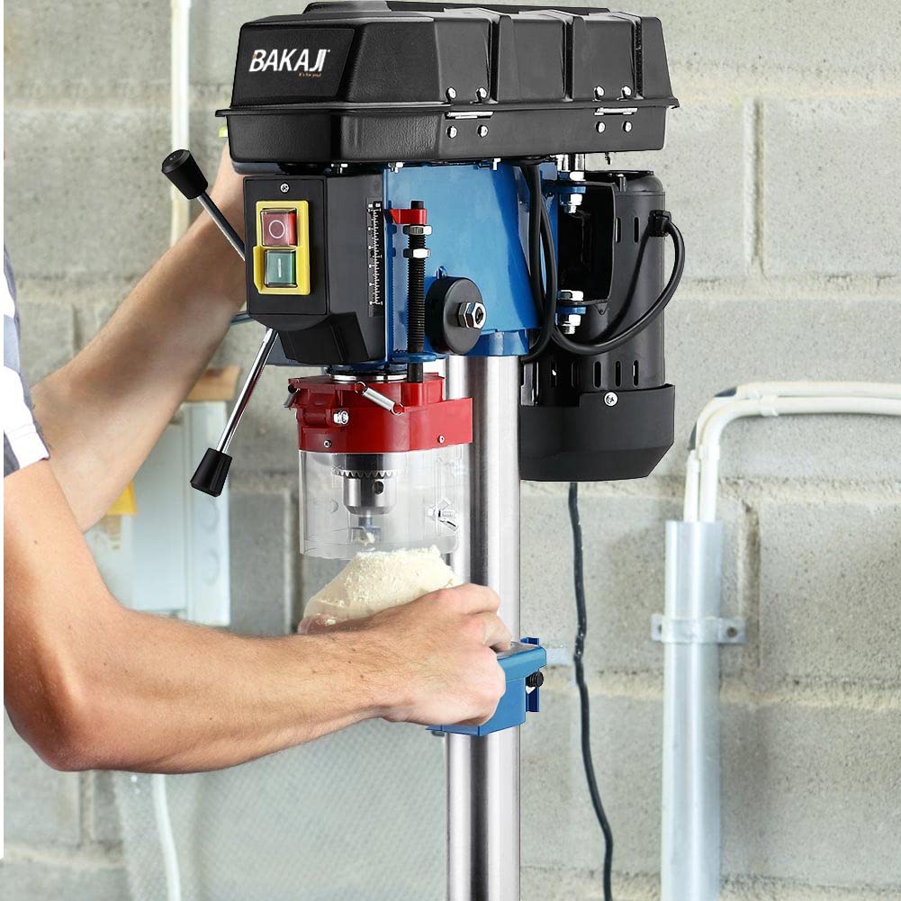 Bakaji Trapano Elettrico a Colonna da Banco Potenza 350W Velocita 1450rpm Regolabile con Mandrino 13mm Arresto di profondità e Piano a Forare Regolabili Ampia Base con Fori di fissaggio