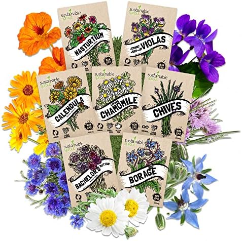 Edible Flower Seeds Variety 7 Pack — Nasturtium, Viola, Calendula, Chamomile, Chives, Bachelor Button, Calendula & Borage Seeds for Planting — Easy Growing Annual & Perennial Edible Flower Garden Kit