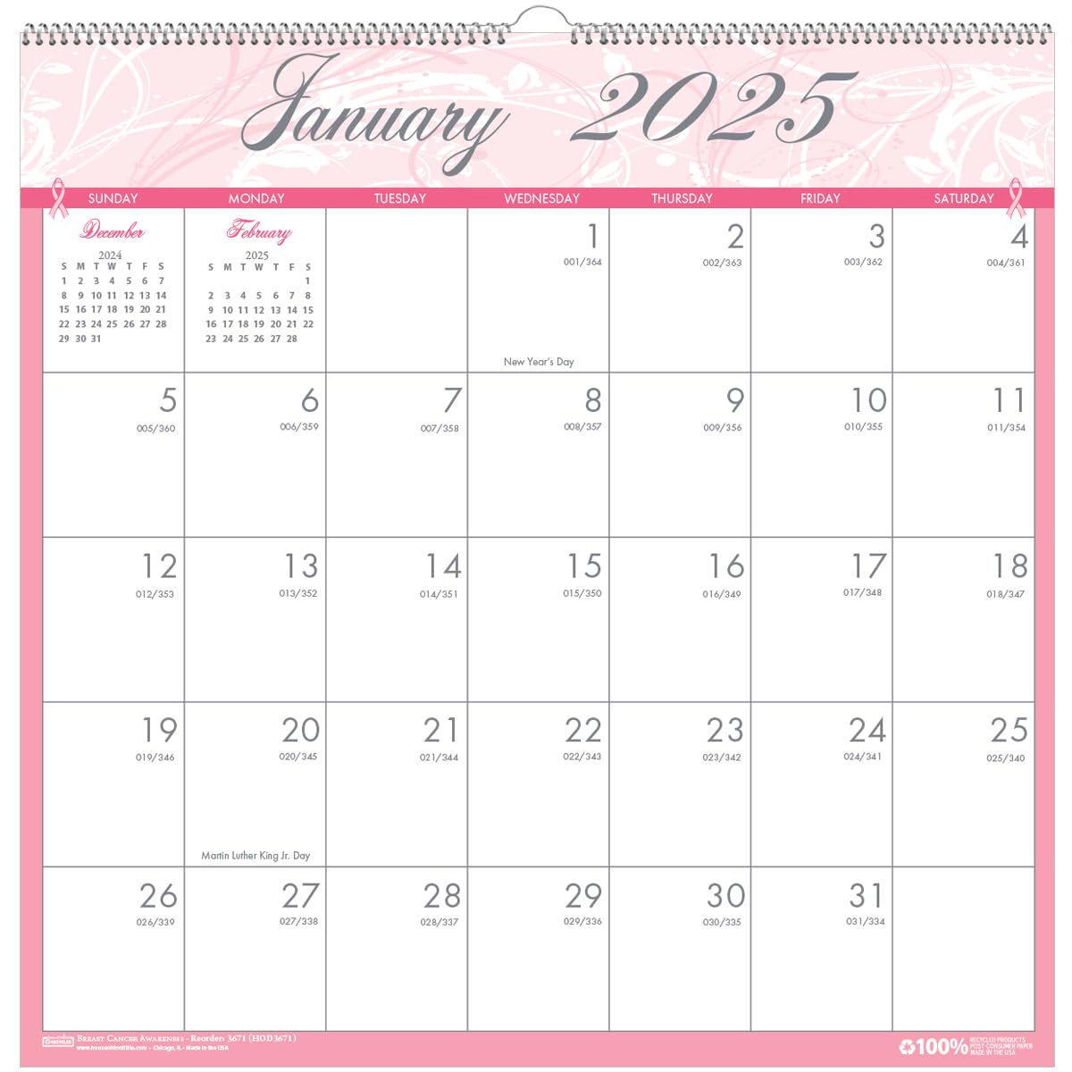 House of Doolittle 2025 Monthly Wall Calendar, Breast Cancer Awareness, 12 x 12 Inches, January - December (HOD3671-25)