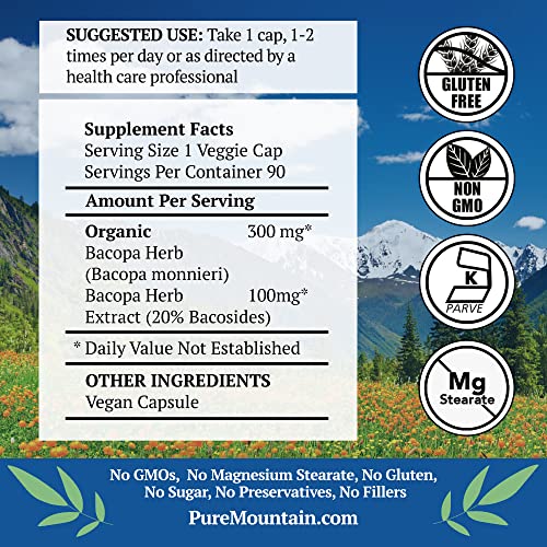 Pure Mountain Botanicals Bacopa Monnieri Capsules - Vegan Caps With Organic Bacopa & Standardized Bacopa Extract Supplement #TOP1