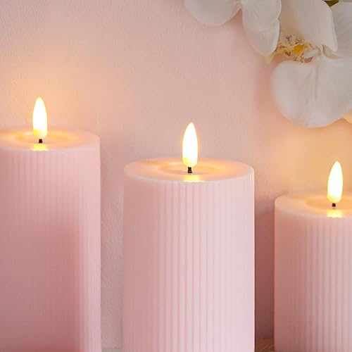 Miniatura 5 de Velas LED sin llama con grasa de vela, rayas verticales, funciona con pilas, paquete de 3 velas de pilar rosa con control remoto y temporizador (3 x