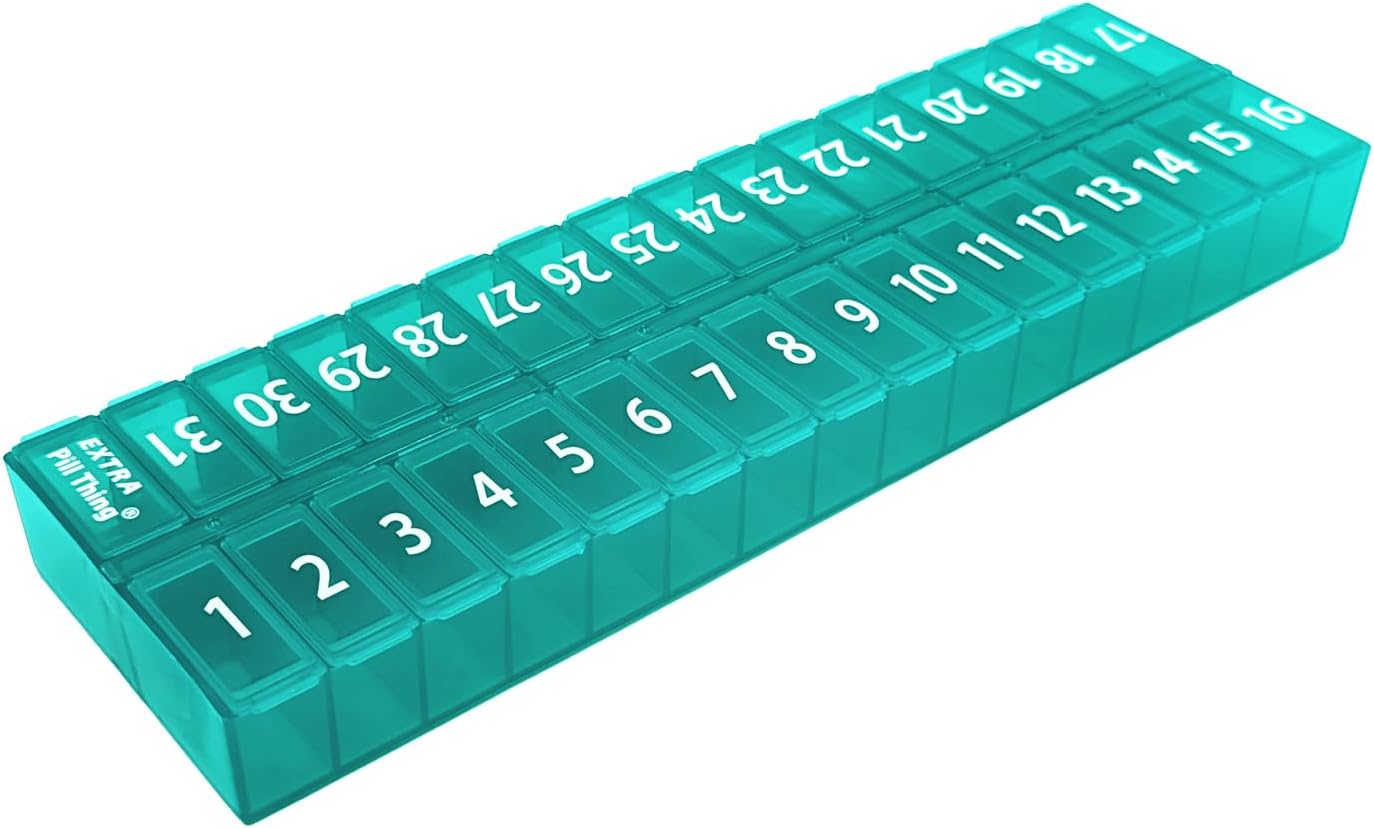 Once-a Day Monthly Pill Organizer Removable Lid for Easy Loading - Large Compartment Pill Box Medications for Entire Month Plus a Compartment for Extra Pills BPA Free