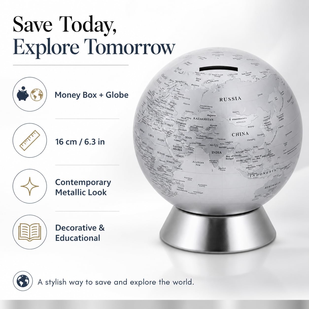Exerz Salvadanaio Mappamondo/Globo terraqueo Diametro 16cm- mappa in inglese - dall'aspetto metallico contemporaneo - Argento