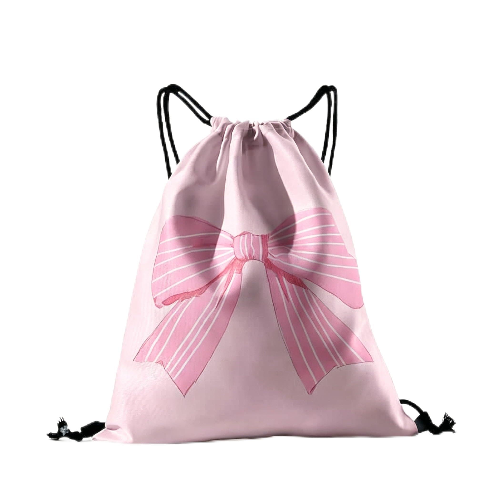 CYGMRFH Pink Striped Bow Drawstring Backpack with Keychain – Light Pink Backpack with Large Bow Print, Black Drawstring & Straps, Lightweight for Gym Travel