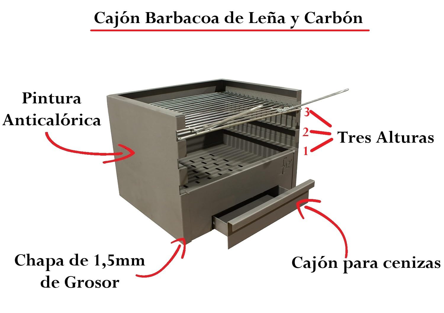 Cajón para Barbacoa con parilla, barbacoa rectangular 60x41 carbón y leña con 3 alturas y cajón para cenizas.