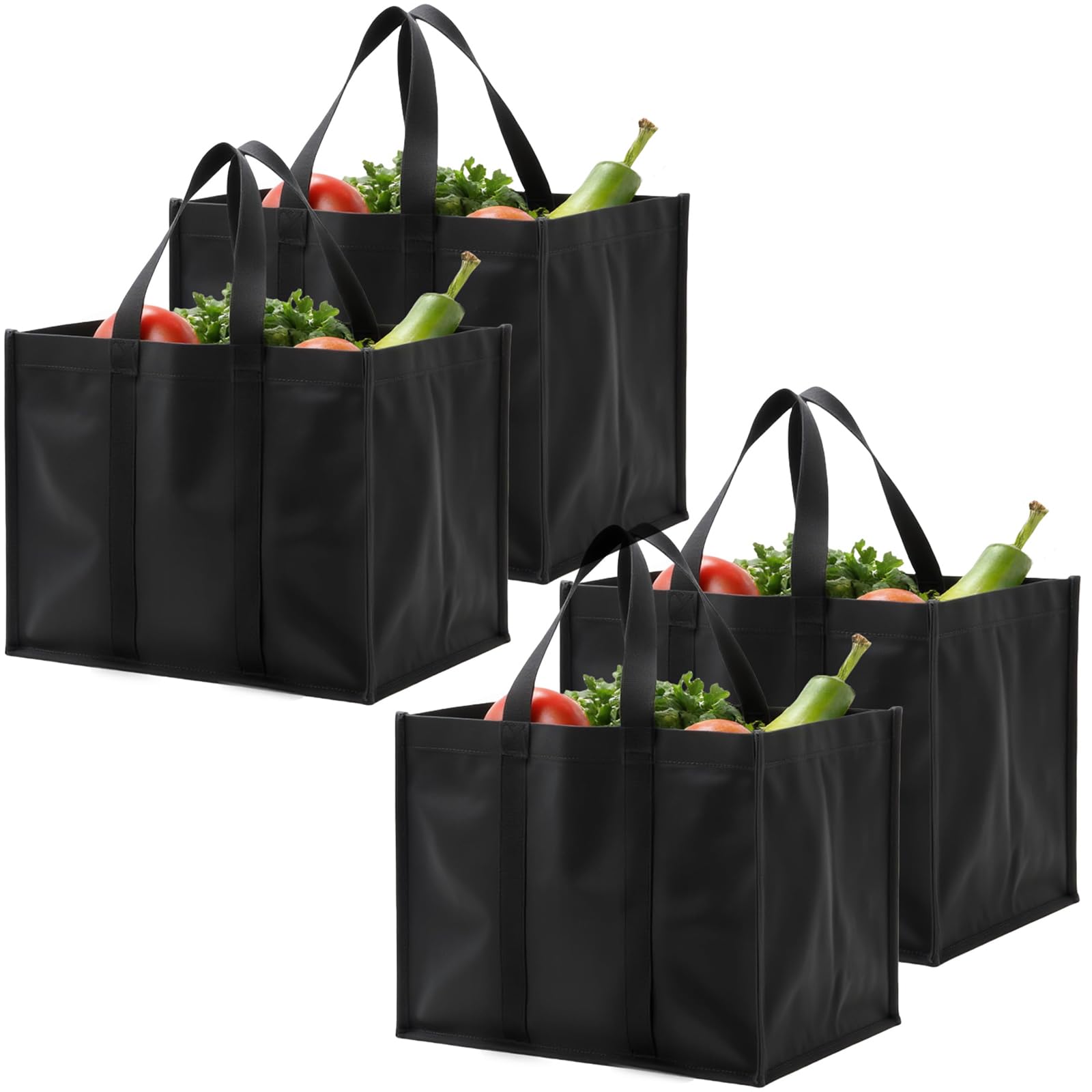 Luxiremi 4 Pcs Black Reusable Grocery Bags Shopping Bag Tote Bag with Handles Foldable Washable Stands Upright Reinforced Bag with Handle-Hold Extra Large & Durable for Daily Life, Picnic, Camping