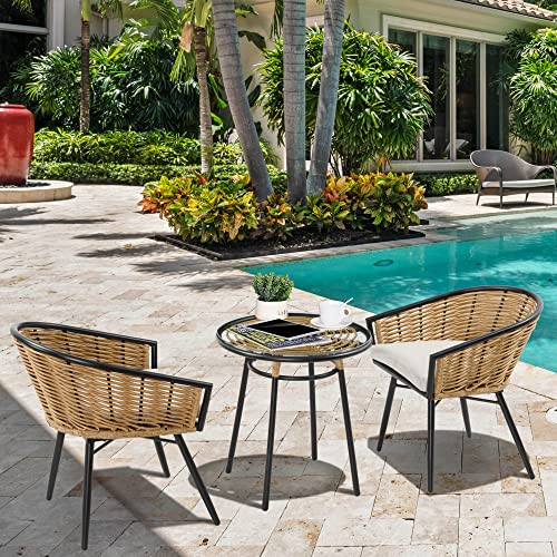 Outsunny 3 Pieces Patio Pe Rattan Bistro Set, Outdoor Round Resin Wicker Coffee Set, W/ 2 Chairs & 1 Coffee Table Conversation Furniture Set, For Garden, Backyard, Deck, Cream White #TOP1