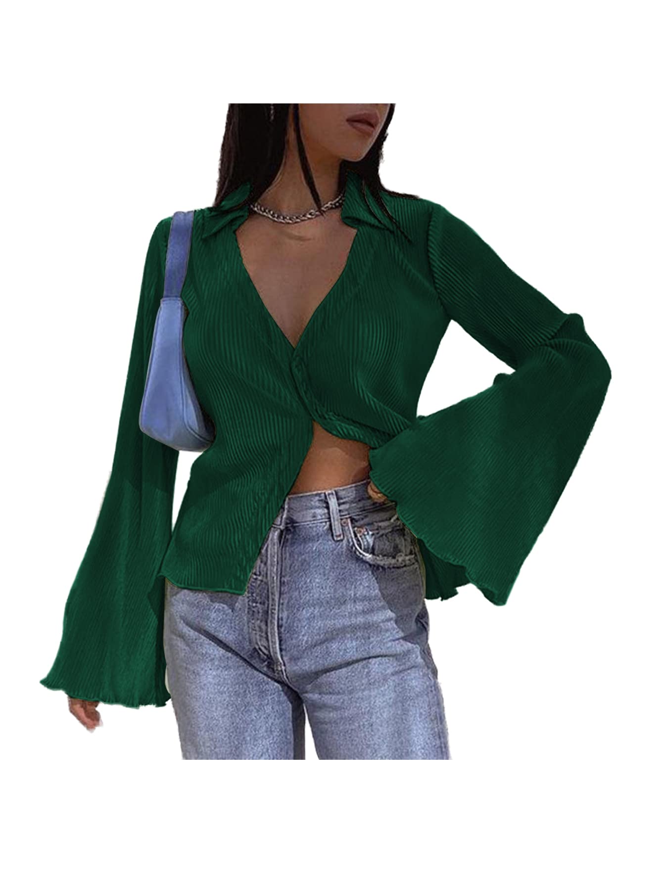 LYANER Women's Deep V Neck Button Front Bell Long Sleeve Blouse Shirt Top