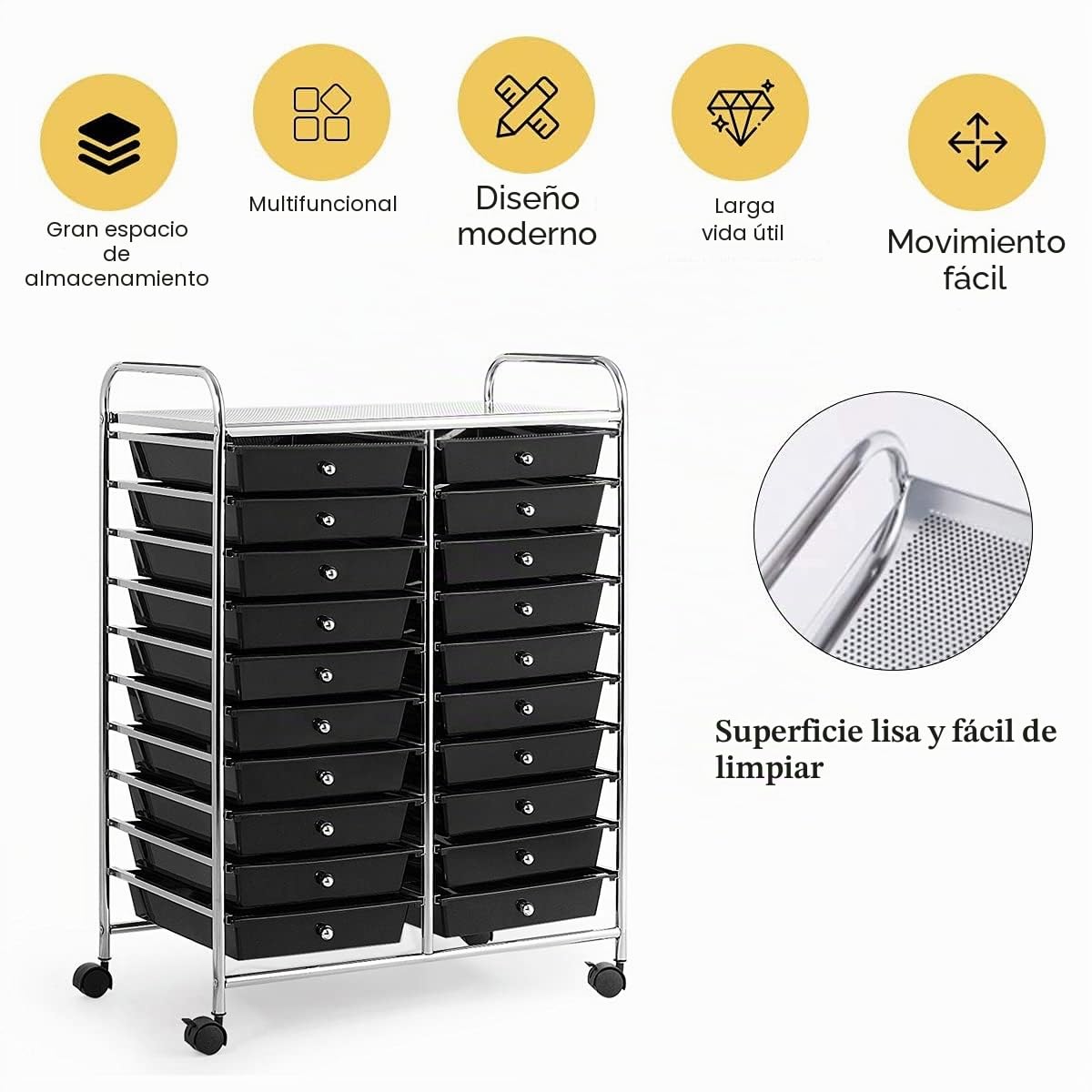 RELAX4LIFE Carrito de Almacenamiento con 20 Cajones y 1 Estante Superior, Carrito Auxiliar de 10 Niveles con 4 Ruedas Universales y 2 Frenos, Carro Multiusos para Baño, Cocina, Salón (Negro)