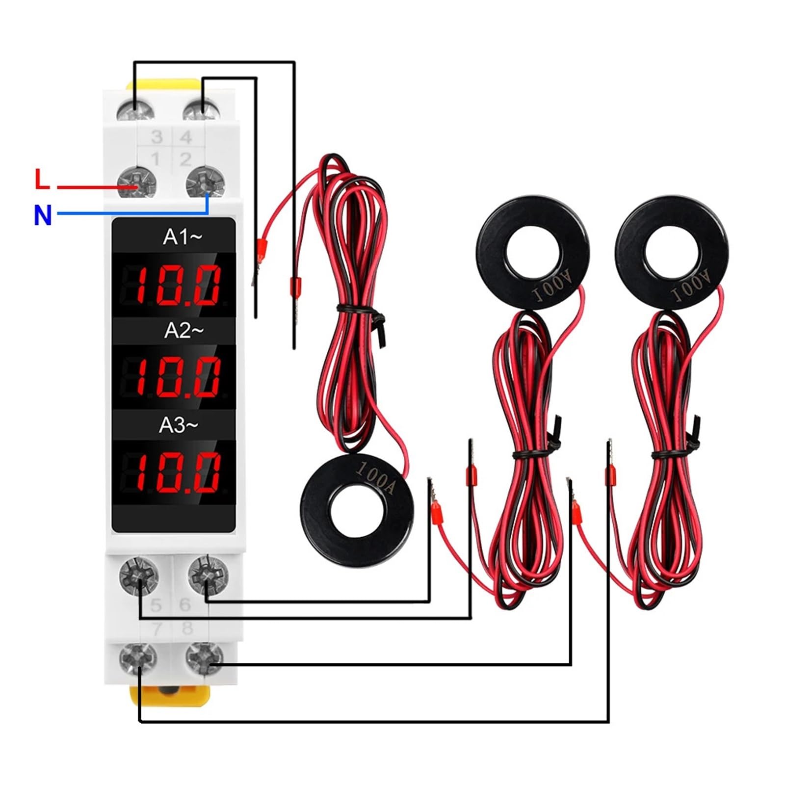 Amperomierz trójfazowy AC 80-500 V 1-100 A, cyfrowy wyświetlacz LED, tester prądu, typ szyny 35 mm, wbudowany miernik prądu SDM010A