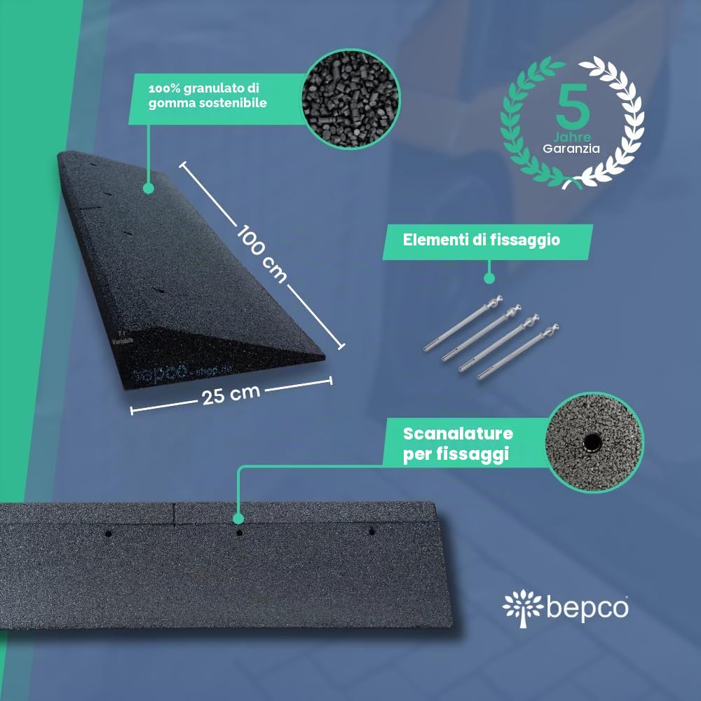Bepco – Rampa di carico per marciapiede in fibra di gomma, cuneo in gomma con rondelle inserite da avvitare + set di fissaggio (5 x 100 x 25 cm)