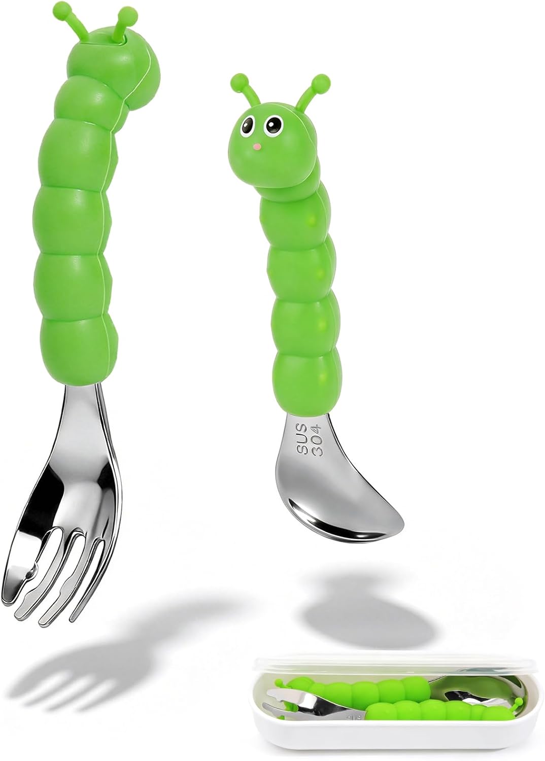 Toddler Utensils, Stainless Steel Baby Forks and Spoons Set Caterpillar Silicone Handle, Kids Silverware with Portable Storage Case, Baby Feeding Essentials, Dishwasher Safe (Green)