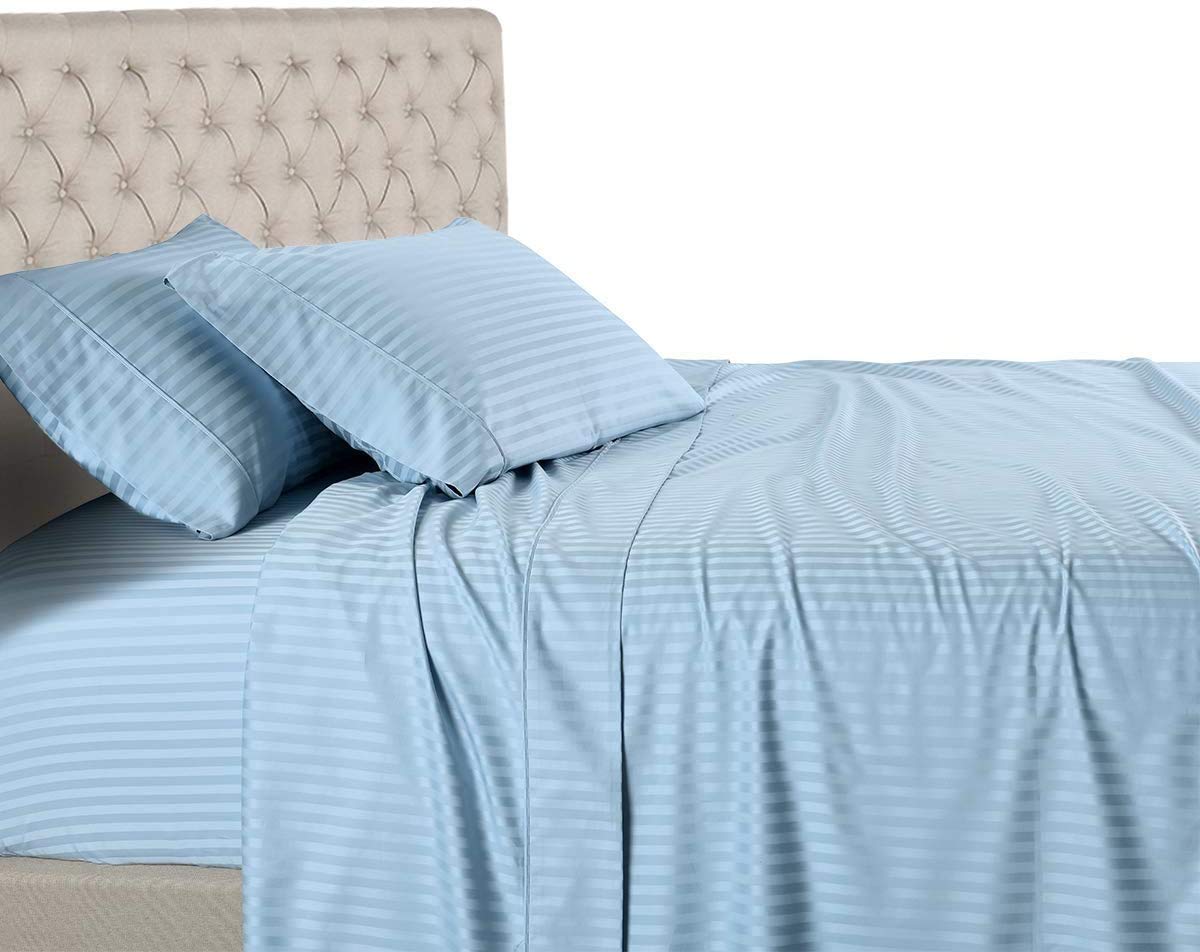 California King Size Sheet Set - 4 Piece - Hotel Luxury Bed Sheets - 100% Egyptian Cotton - Soft & Silky Sateen Weave - 21" Deep Pocket - Breathable & Cooling - 800 Thread Count - Light Blue Stripe