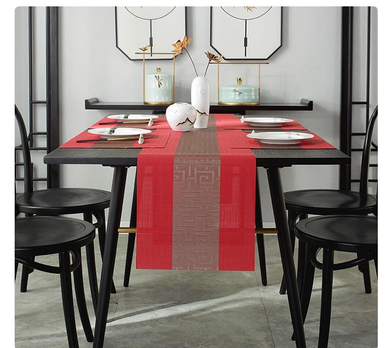 Image of Dining Table Placemats & Runner Set - Heat Resistant, Washable & Stain Resistant Woven Vinyl Mats | Table Runner & 4 Placemats Set for Stylish Dining (45x30 cm Placemats, 180x30 cm Runner)