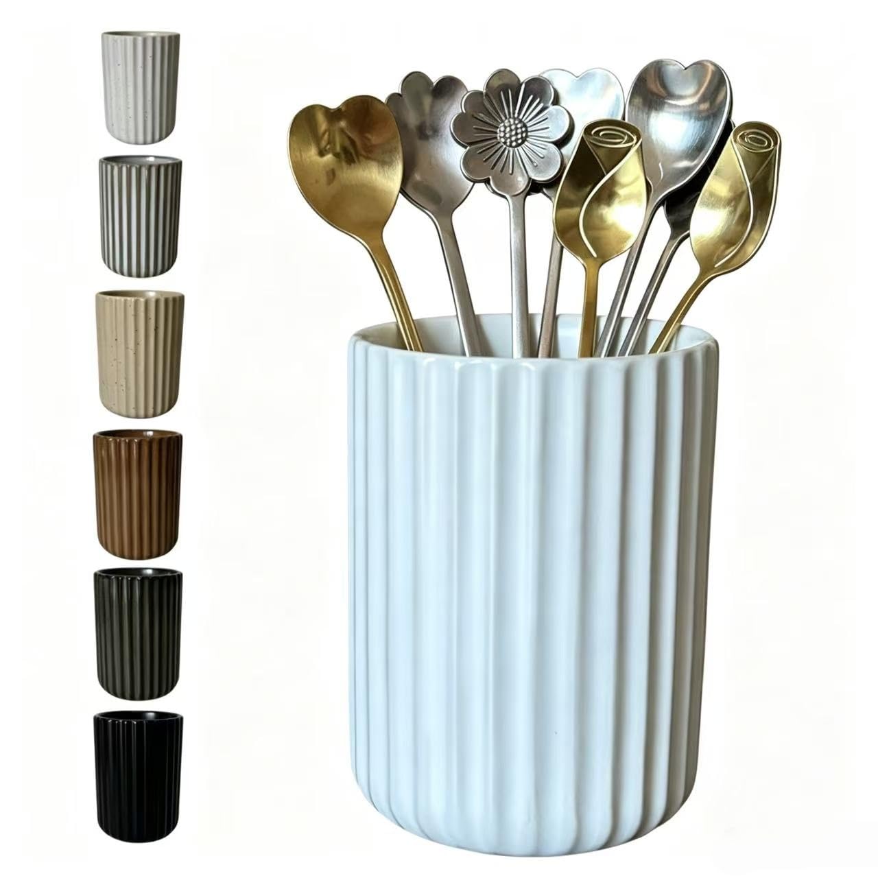 Stoneware Coffee Bar Utensil Holder Tea & Coffee Spoon & Stirrer Holder for Stir Stick Straw Teaspoon Holder Spoon Cup Small Utensil Jar Fluted Vertical Stripe (White)