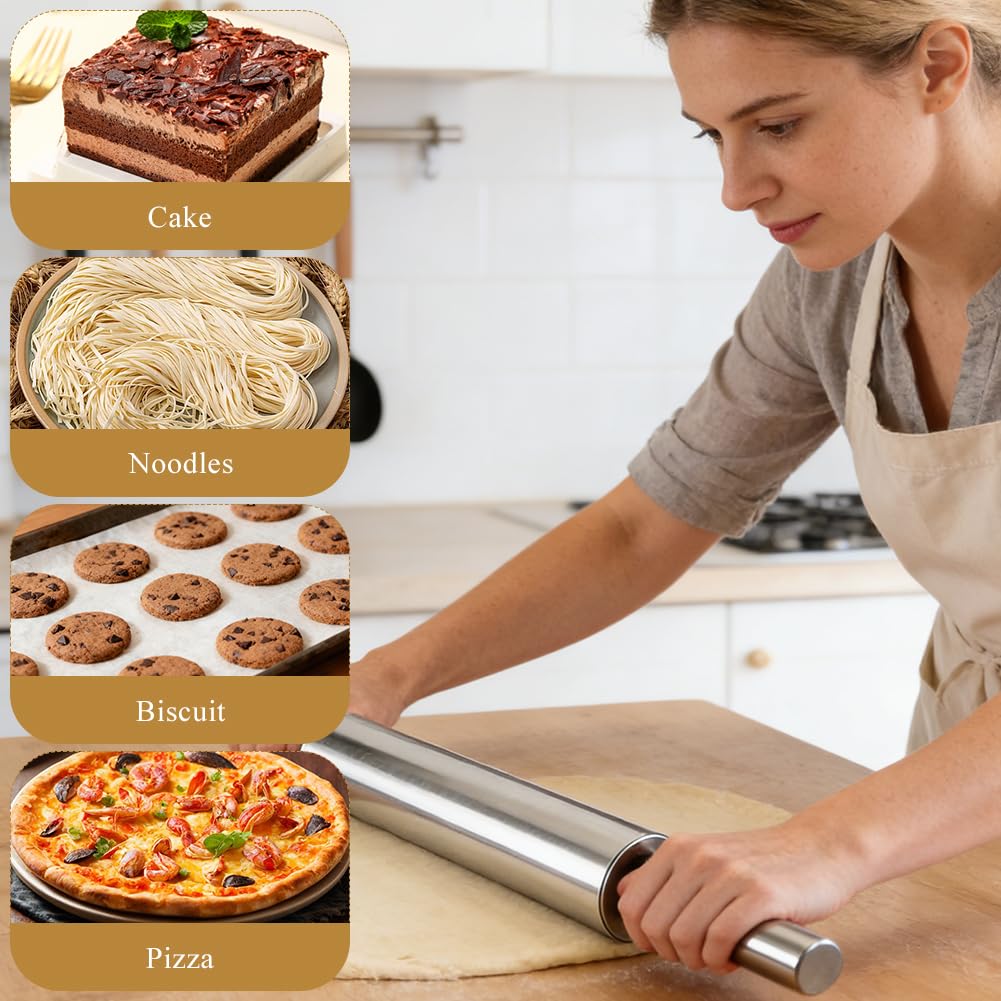Mattarello in Acciaio Inossidabile, 43 cm con Superficie Antiaderente, Rullo per Pizza, Fondente, Torte e Altro, Igienico e Lavabile in Lavastoviglie