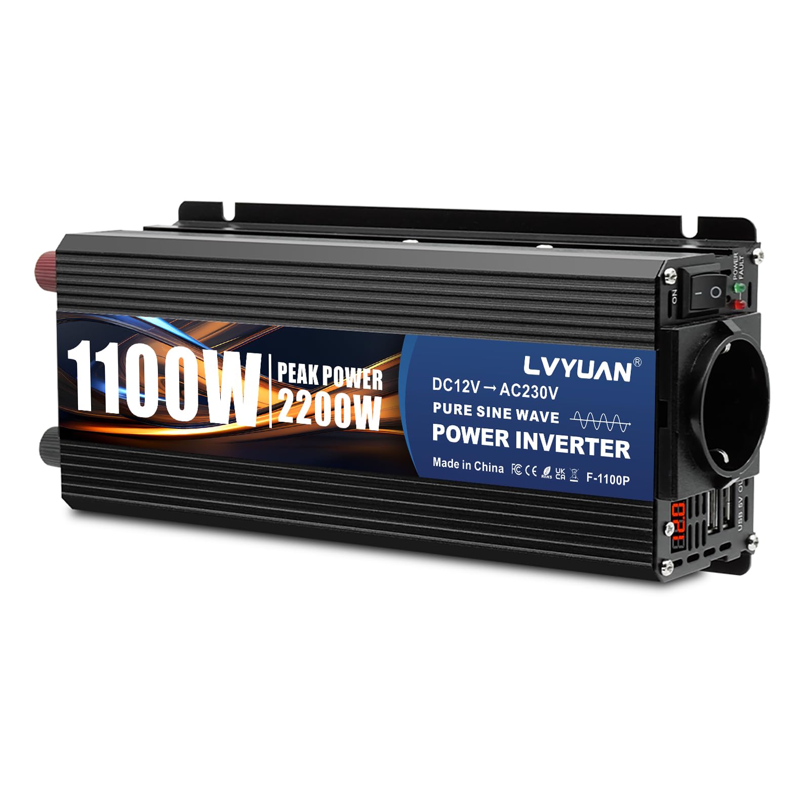 LVYUAN Inversor 12V a 220V 230V 1100W/ 2200W Convertidor de tensión de Onda sinusoidal Pura Transformador con Pantalla LED, Enchufe UE y 2 Puertos USB
