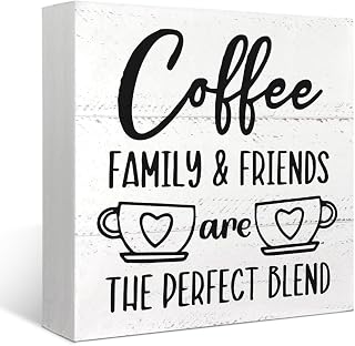 Mtrgdn Coffee Family and friends are the Perfect Blend Wood Box Sign Desk Decor Coffee Wooden Box Block Sign Decorations for Home Kitchen Wall Tabletop Desk Decor Coffee Lover Gift