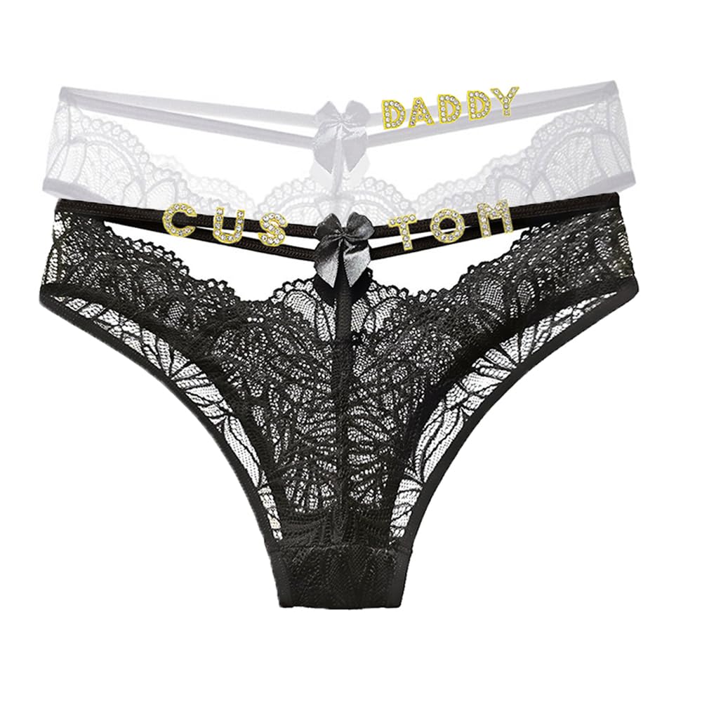 Ppetaul Women's Thongs04 2-Pack Custom Thong With Name - Personalized Name Thong Rhinestone Silvery Golden Letters G-String Tanga Lingerie, One Size