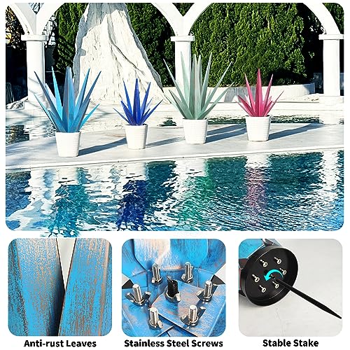 Image of KODIBO Large Metal Agave Plant Outdoor Decor with Solar Light, Dark Blue