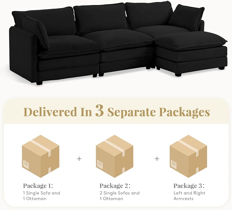 ROWHY 112'' Modular Sectional Cloud Couch with Movable Ottoman, 4 Seat Modern Corduroy Sofa, Deep Seat L Shaped Couch for Living Room Bedroom Apartment,Black image 3